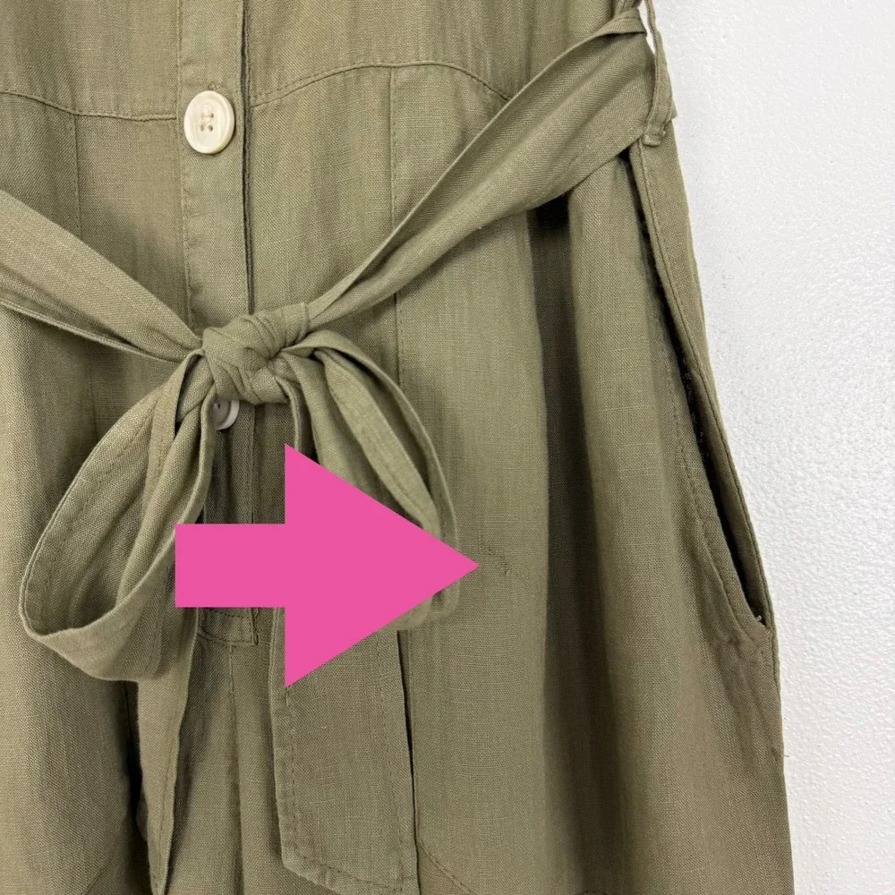 Zara Utility Jumpsuit Women L Olive Green Linen Blend Belted Short Sleeve Safari